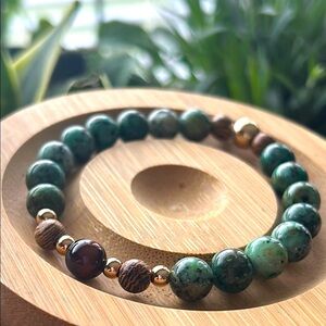 Handmade African Turquoise + African Wood Brad + Red Tigers Eye Beaded Bracelet